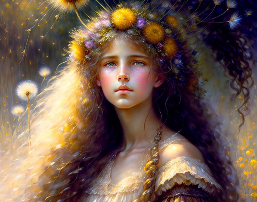 Girl with floral crown and blue eyes in dandelion field portrait