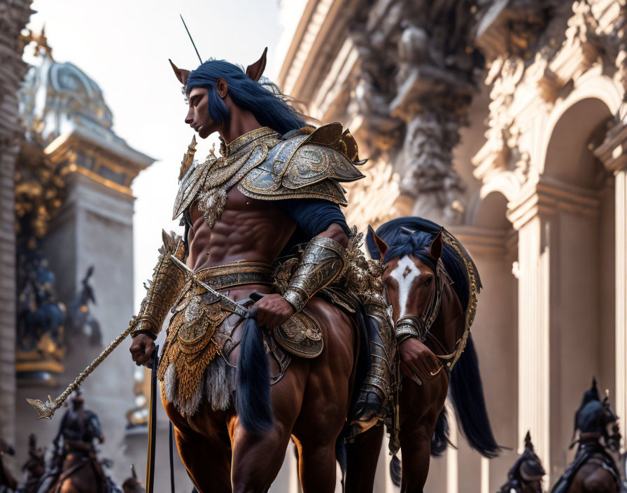 Fantasy warrior in armor and centaur costume with spear on horse near classical architecture