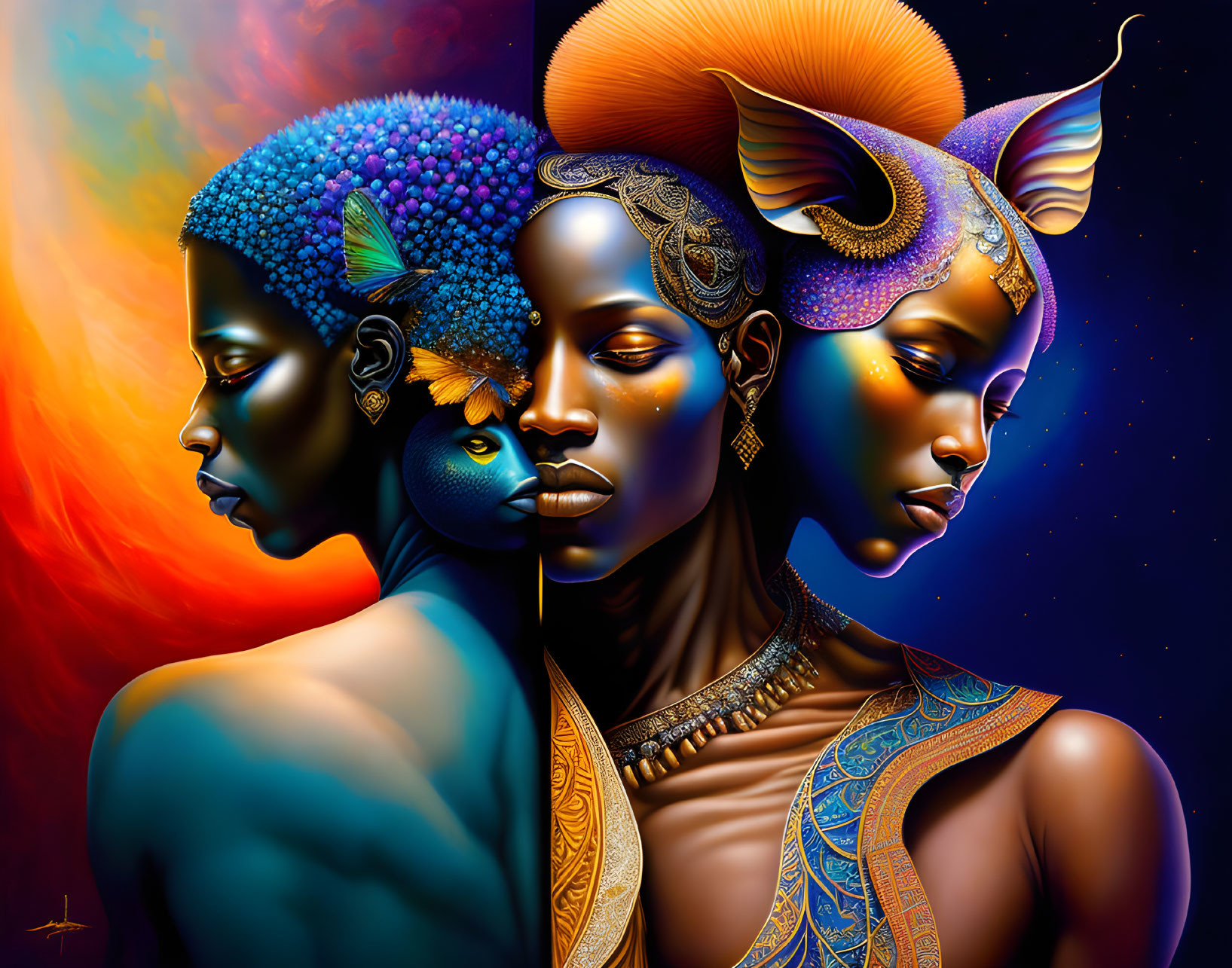 Colorful Artwork: Stylized Figures with Celestial Palette