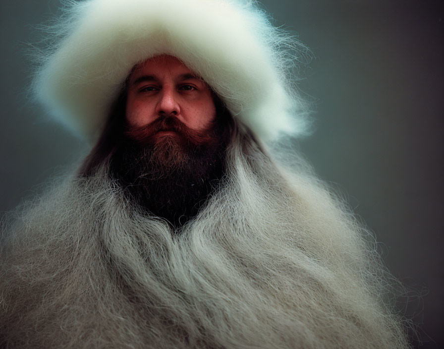 Portrait of person with voluminous white beard and hair in large furry hat on grey background