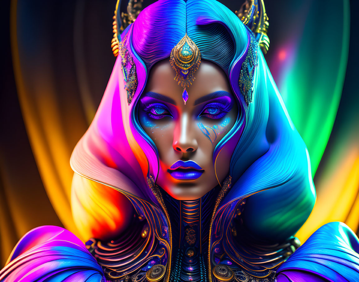 Colorful digital artwork of woman with vibrant makeup and intricate headdress against rainbow backdrop