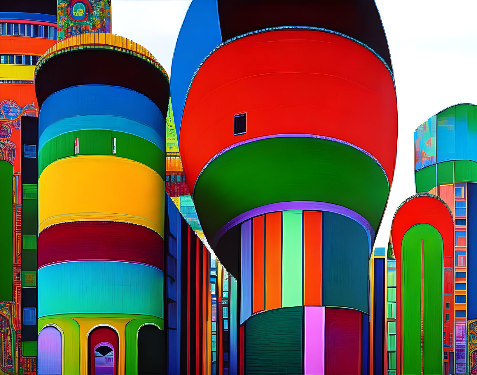 Abstract architecture with vibrant colors and curvilinear shapes