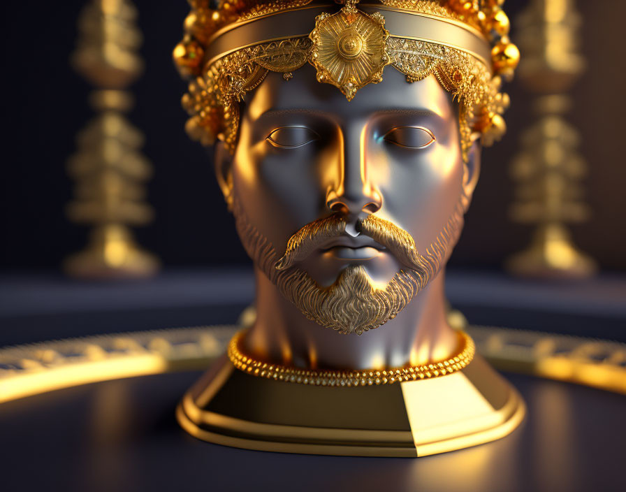 Golden bust with intricate headdress of bearded male figure in 3D rendering