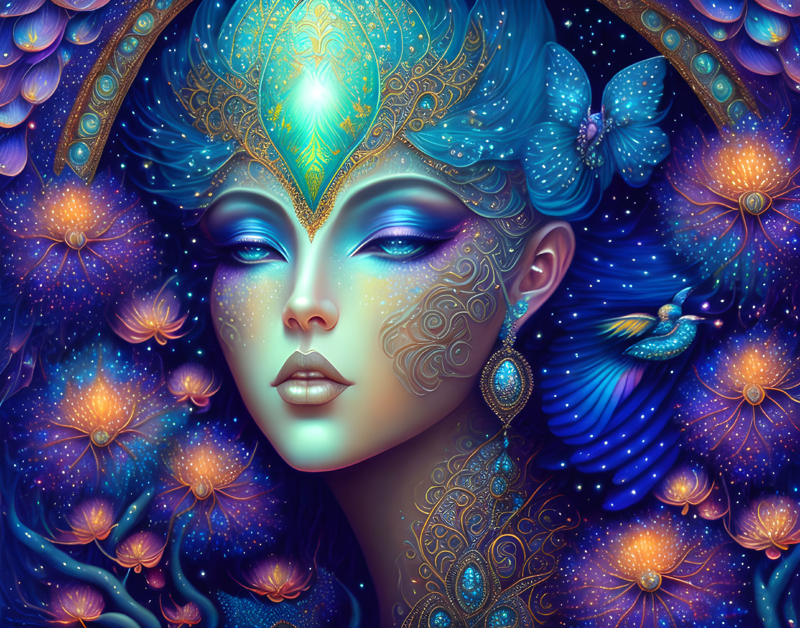 Mystical female figure with blue and gold headpiece, surrounded by glowing flowers and hummingbird