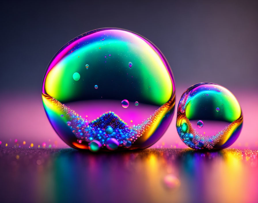 Iridescent soap bubbles with vibrant colors on glossy surface