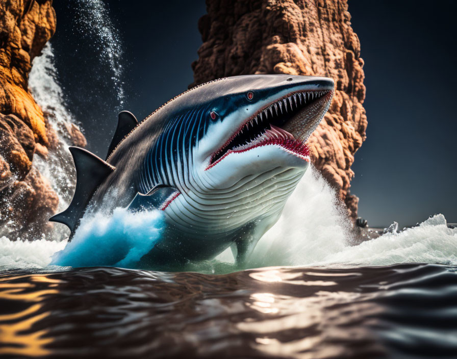 Close-Up Shot: Great White Shark Leaping with Open Jaws by Rocky Cliffs