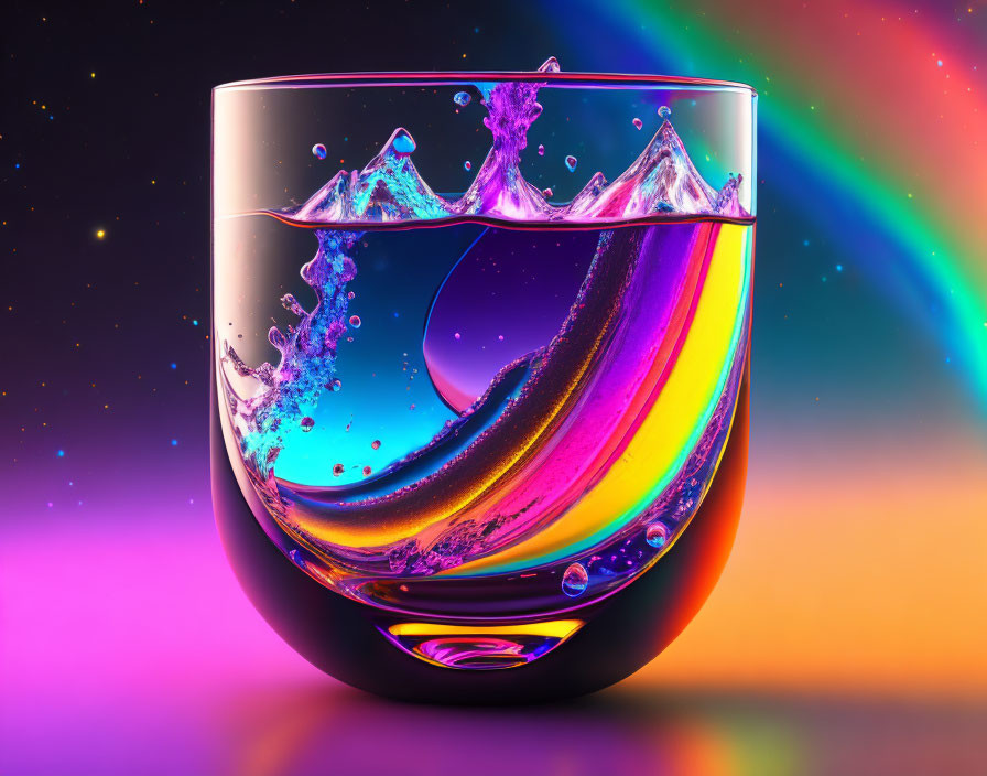 Colorful Digital Illustration: Glass with Splashing Liquid on Neon Background