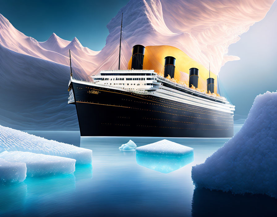 Classic Ocean Liner Sailing Near Icebergs at Twilight