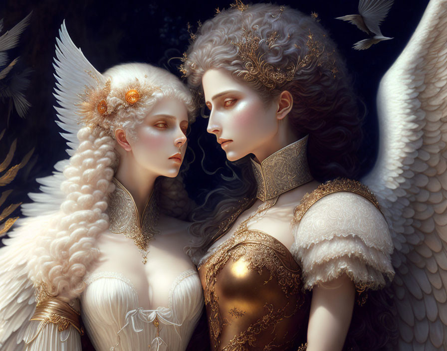 Elaborate white and gold attired angelic figures with large wings in intimate gaze.