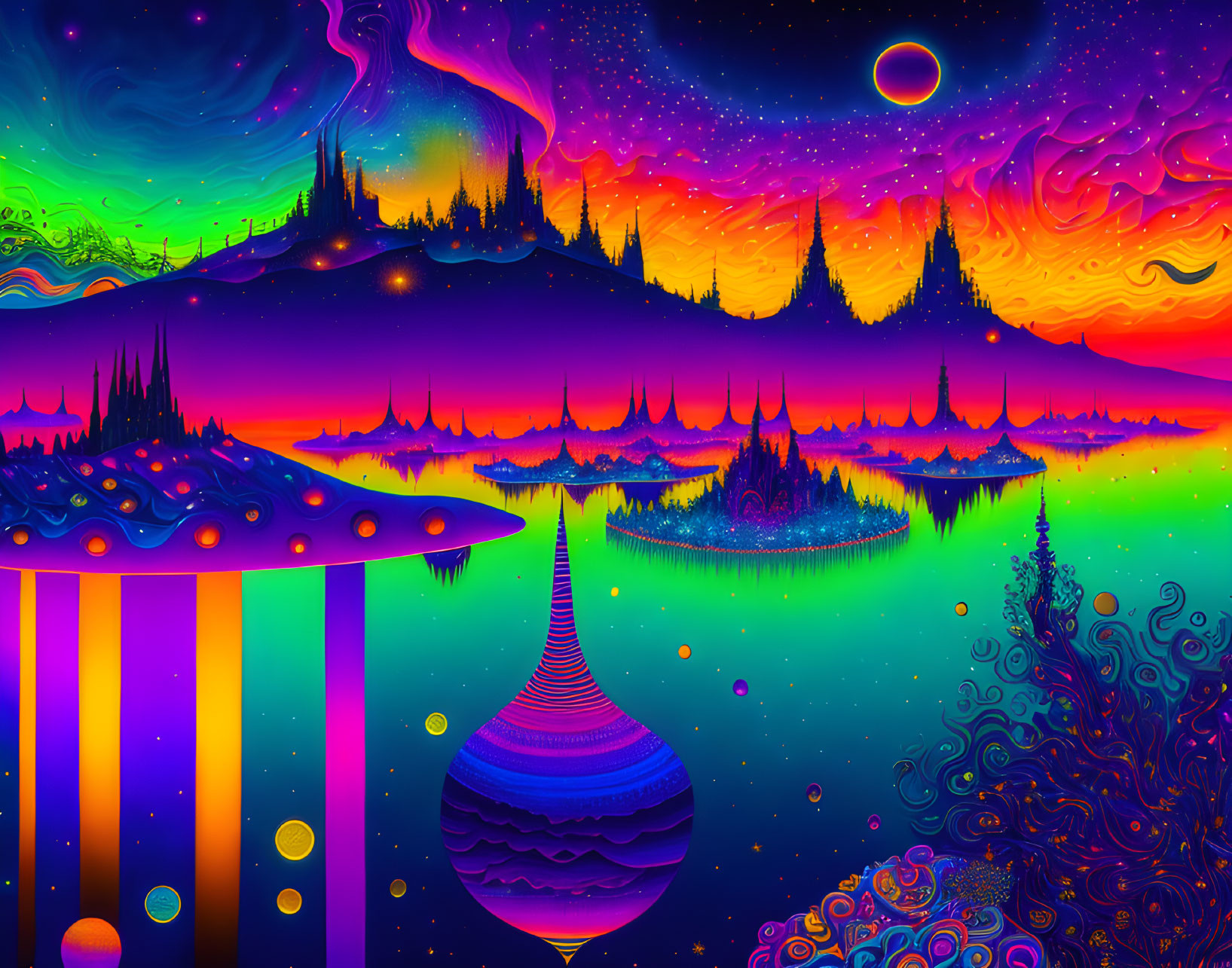 Colorful Psychedelic Landscape with Swirling Sky and Tranquil Water