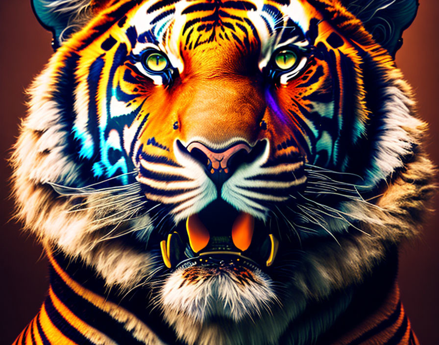 Vibrant Digital Artwork: Tiger with Intense Eyes and Intricate Patterns