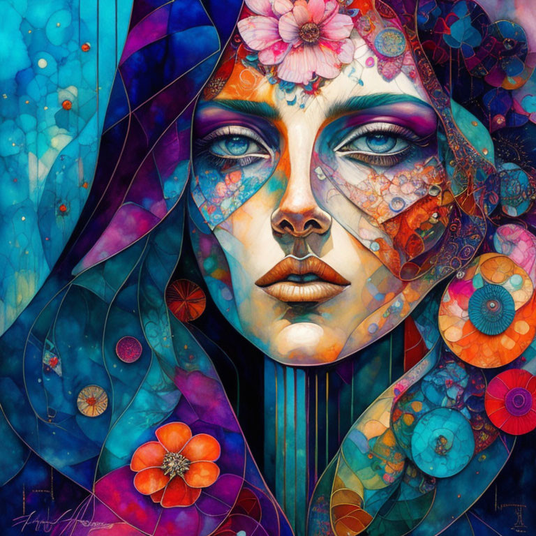 Vibrant floral patterns adorn woman's face in colorful artwork