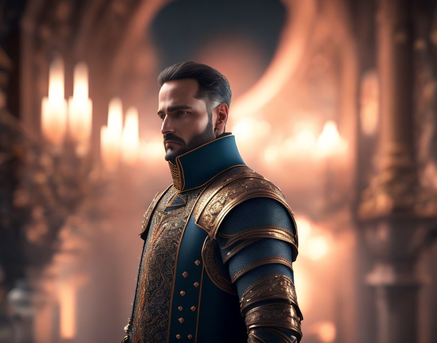 Bearded man in ornate armor in grand candle-lit hall