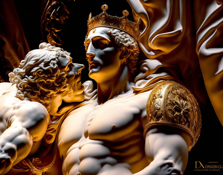 Detailed sculpture of two figures with crown and armor, expressive features, and chiaroscuro lighting.