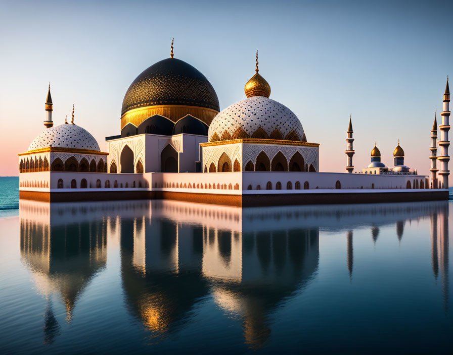 Golden domed mosque with intricate patterns reflected in tranquil waters at dusk