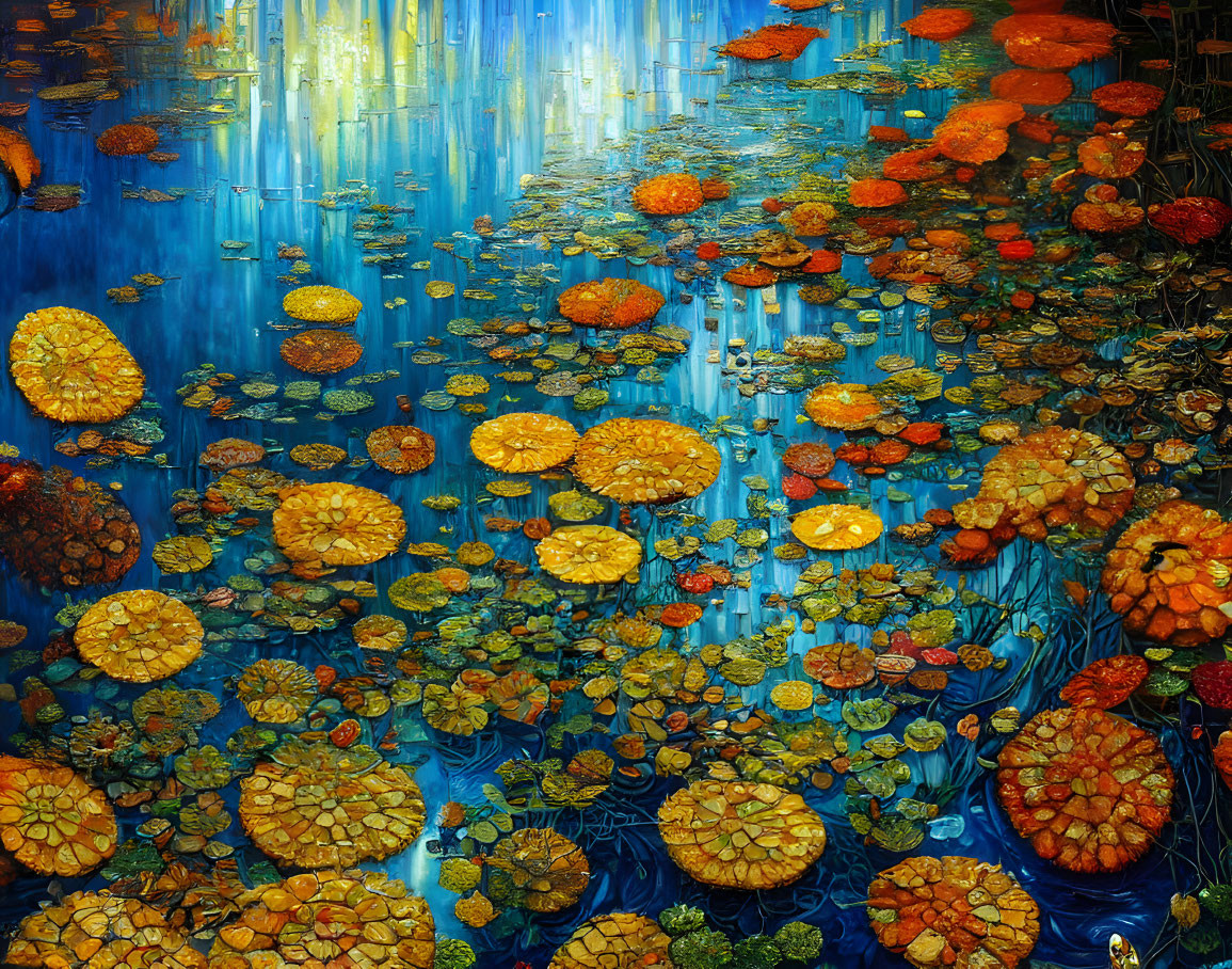 Colorful underwater painting with orange and yellow lily pads and light beams