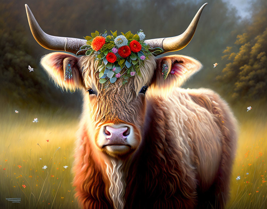 Highland cow with flower crown in serene field scene