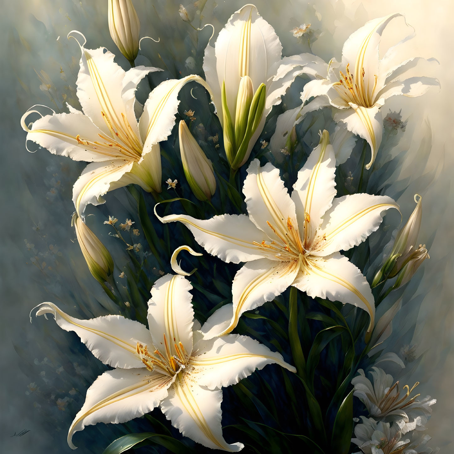 White lilies with golden light in digital art