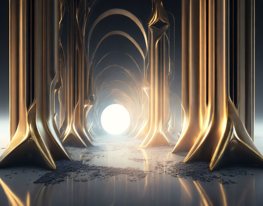 Ethereal symmetrical hall with golden pillars and glowing orb