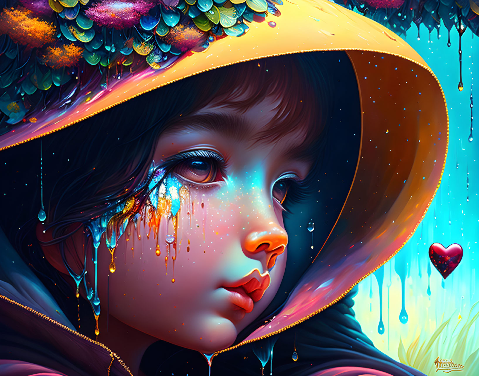 Vibrant digital artwork: young girl in yellow hat with teardrop jewels and floating heart