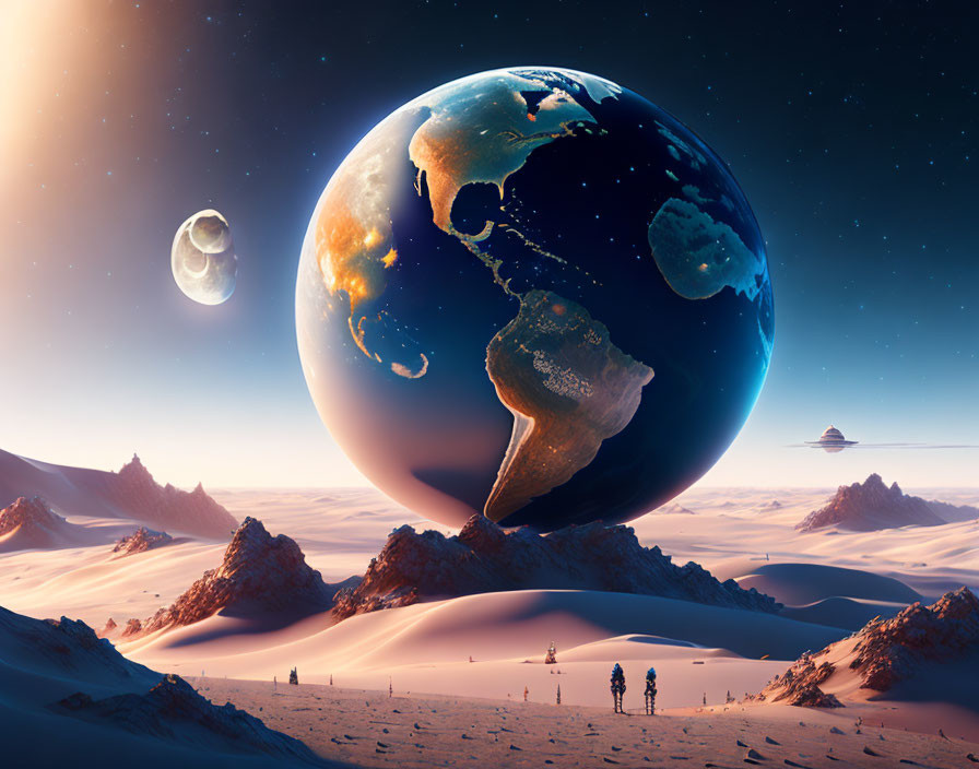 Silhouetted figures on sandy alien landscape with Earth-like planet.