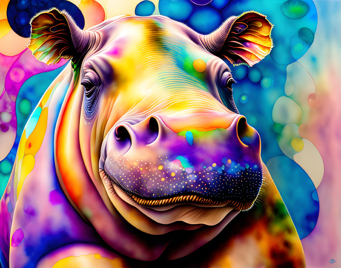 Colorful digital art: Cow with psychedelic pattern on bubbly background