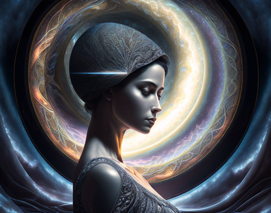 Surreal portrait of a woman with ornate headdress in cosmic setting