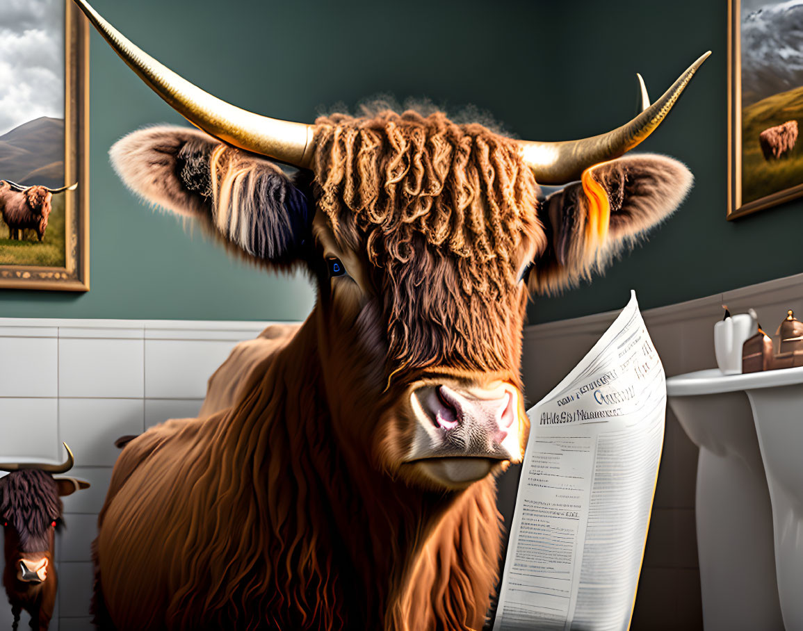 Highland cow with long horns reading newspaper in bathroom with cow paintings