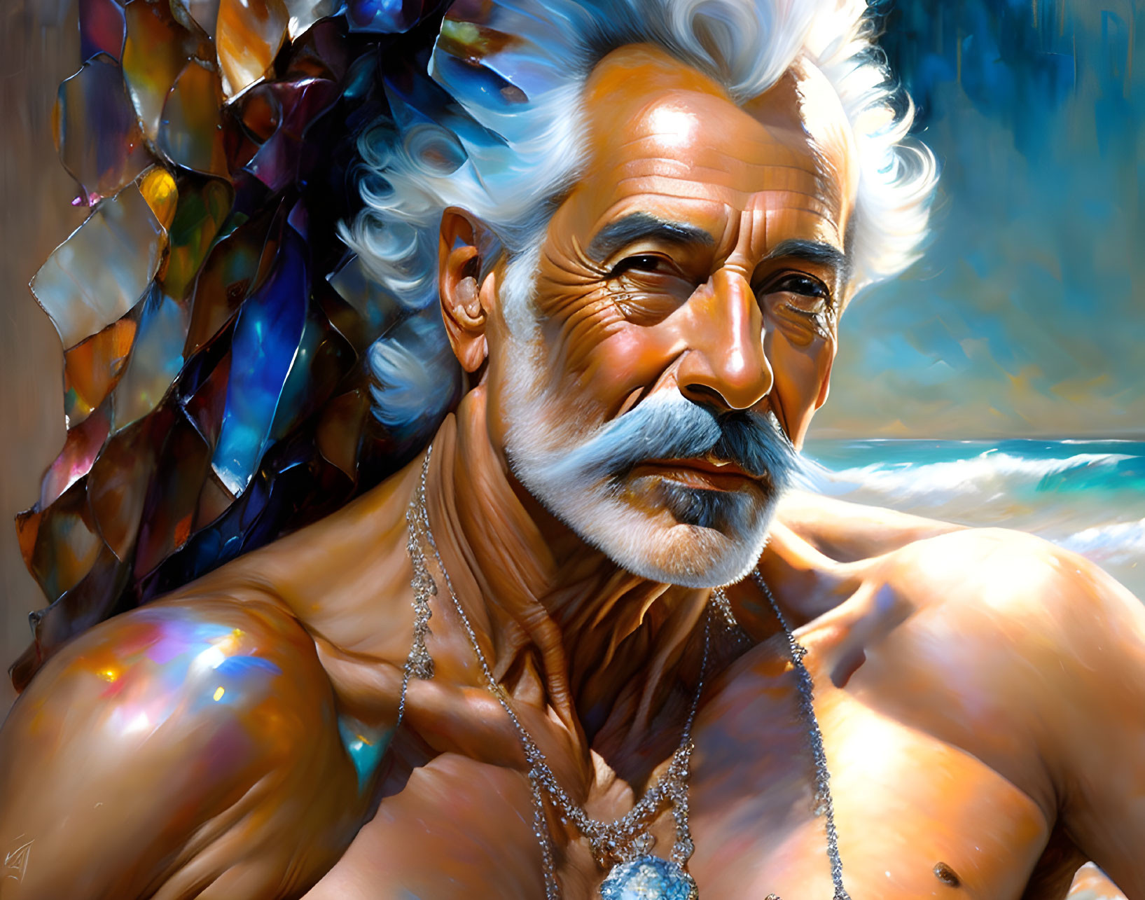 Silver-haired bearded man with necklaces and armor on beach