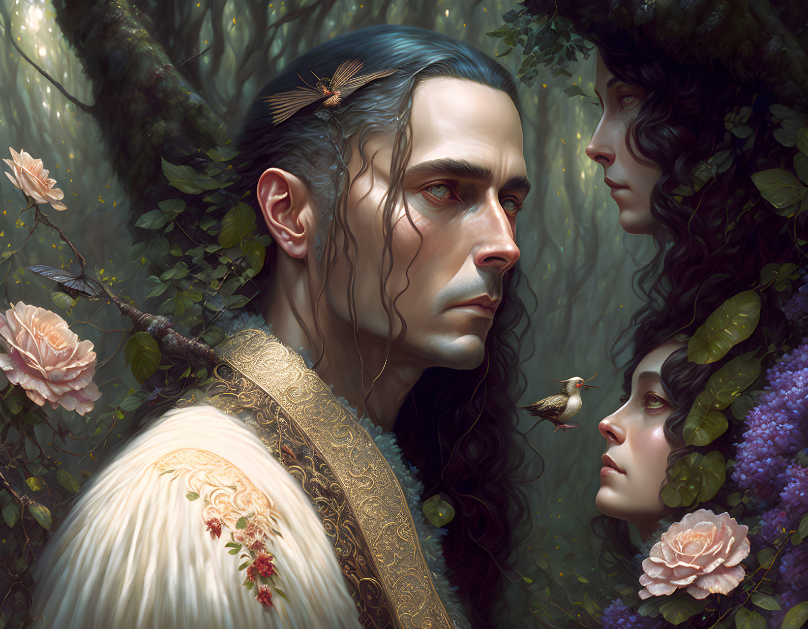 Elven man and woman in lush greenery with ornate attire