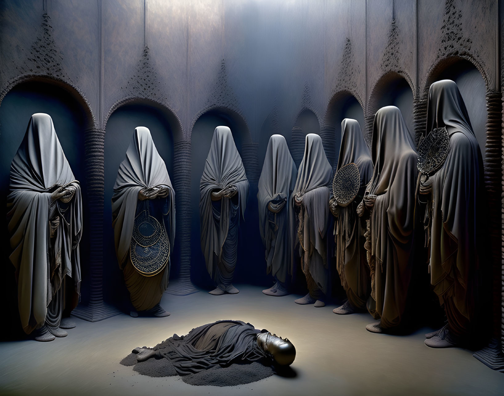 Robed Figures Surround Central Figure in Dimly Lit Chamber