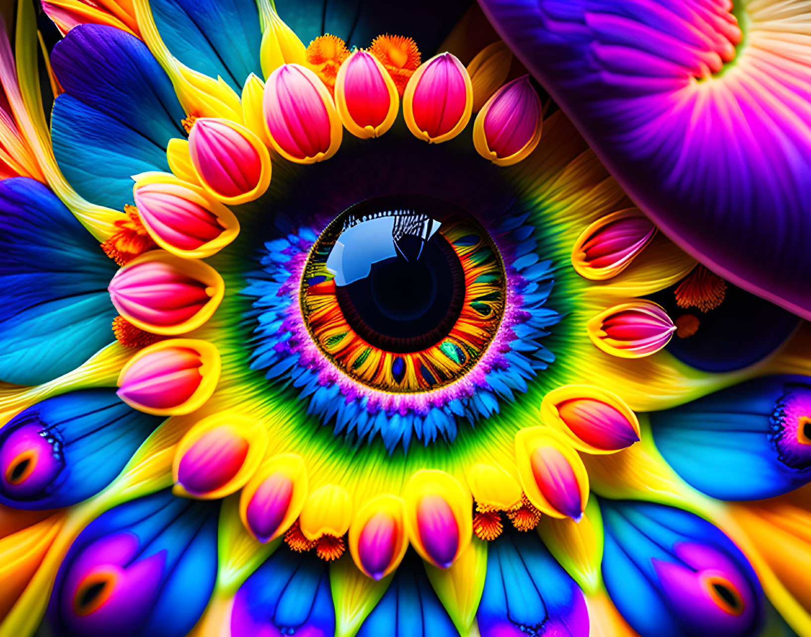 Colorful digital artwork of eye with floral and feather patterns