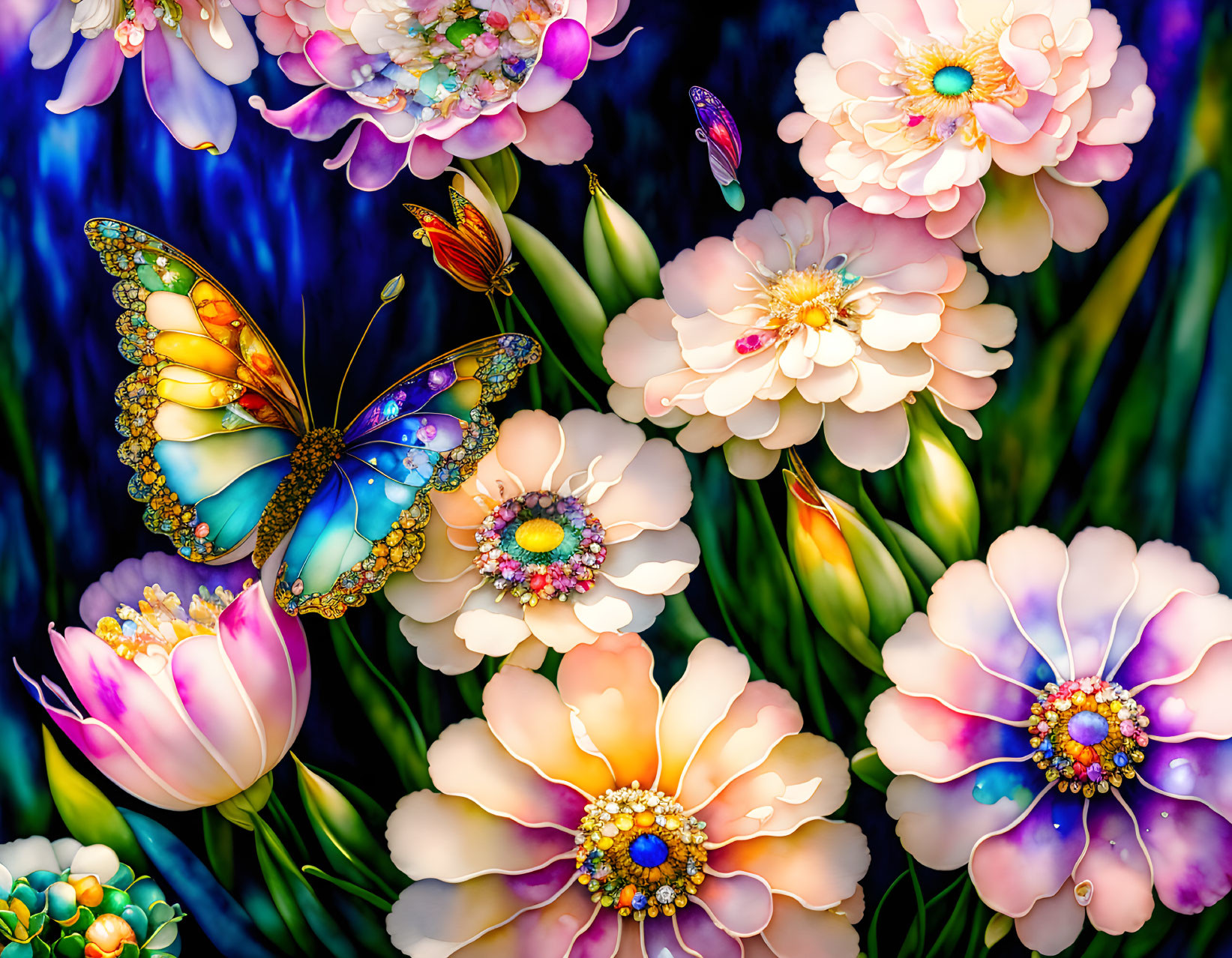 Colorful digital artwork: Flowers, butterflies, mosaic wings