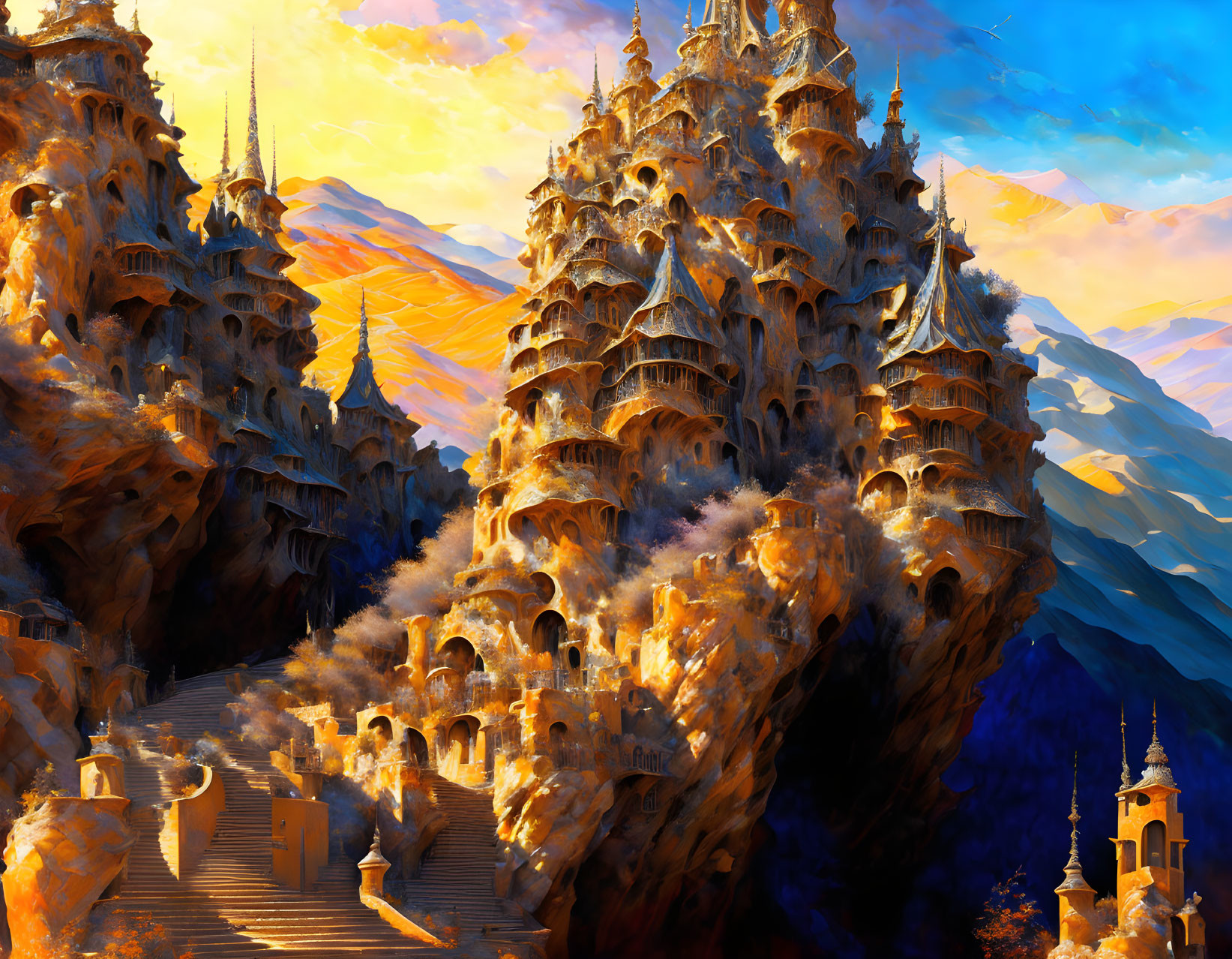 Digital painting: Intricate castle on mountainside at sunrise.