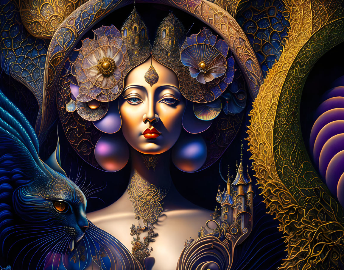 Mystical artwork of woman with ornate headpieces, blue cat, and golden floral patterns