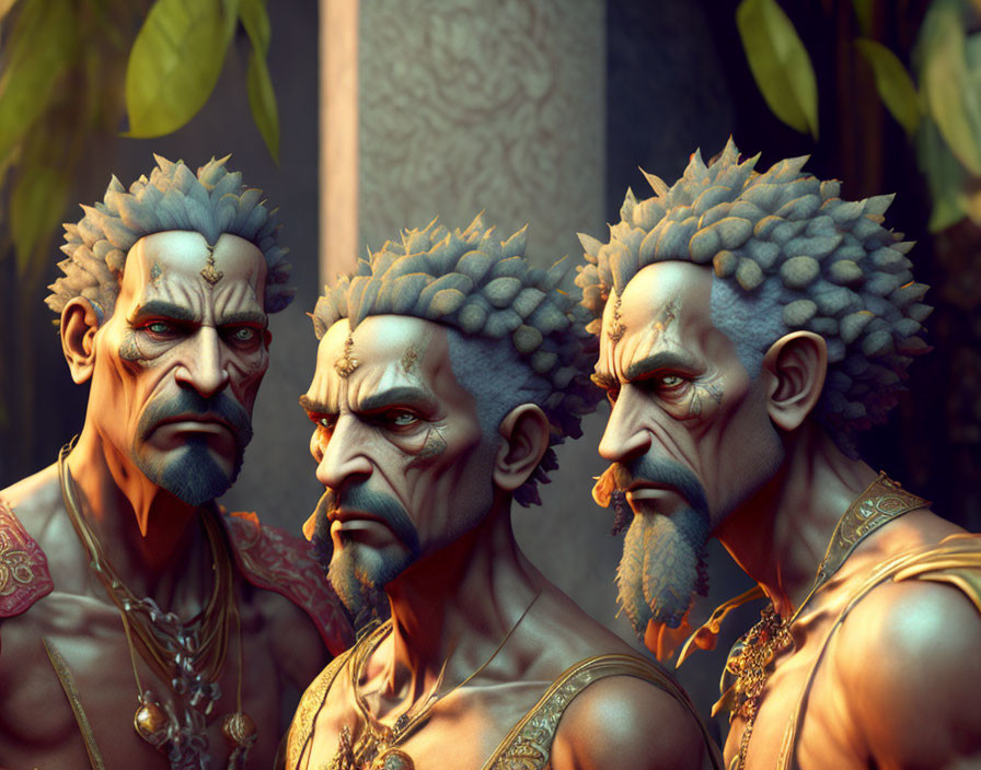 Stylized 3D characters: Aged, regal men with blue skin, gold jewelry