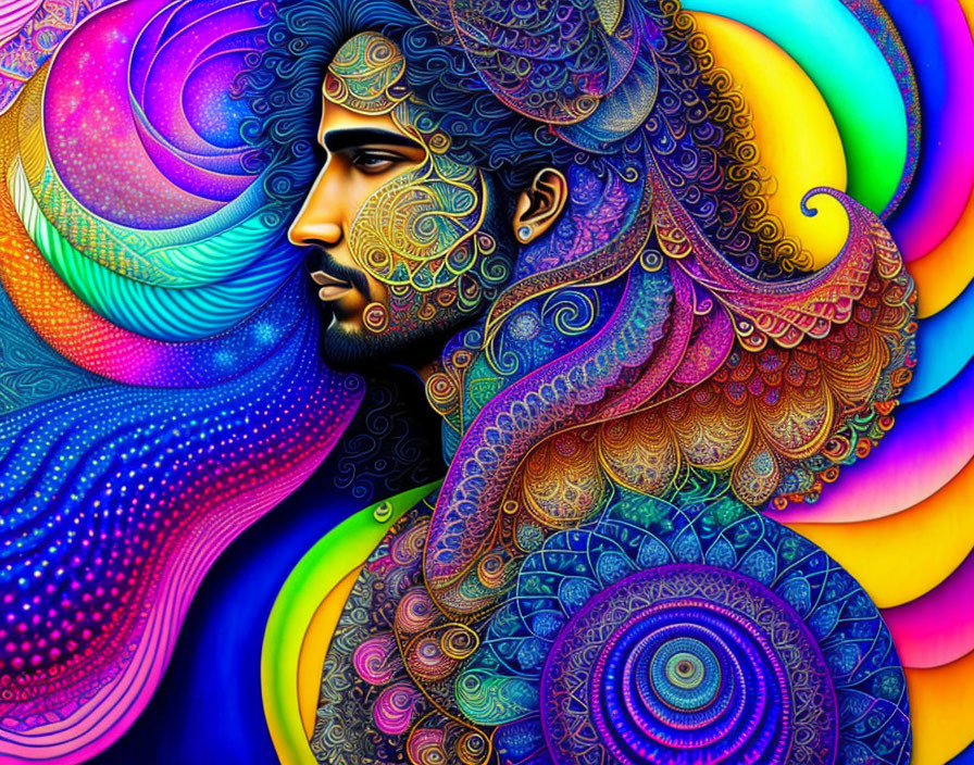 Colorful Psychedelic Artwork of Bearded Man with Swirl Patterns