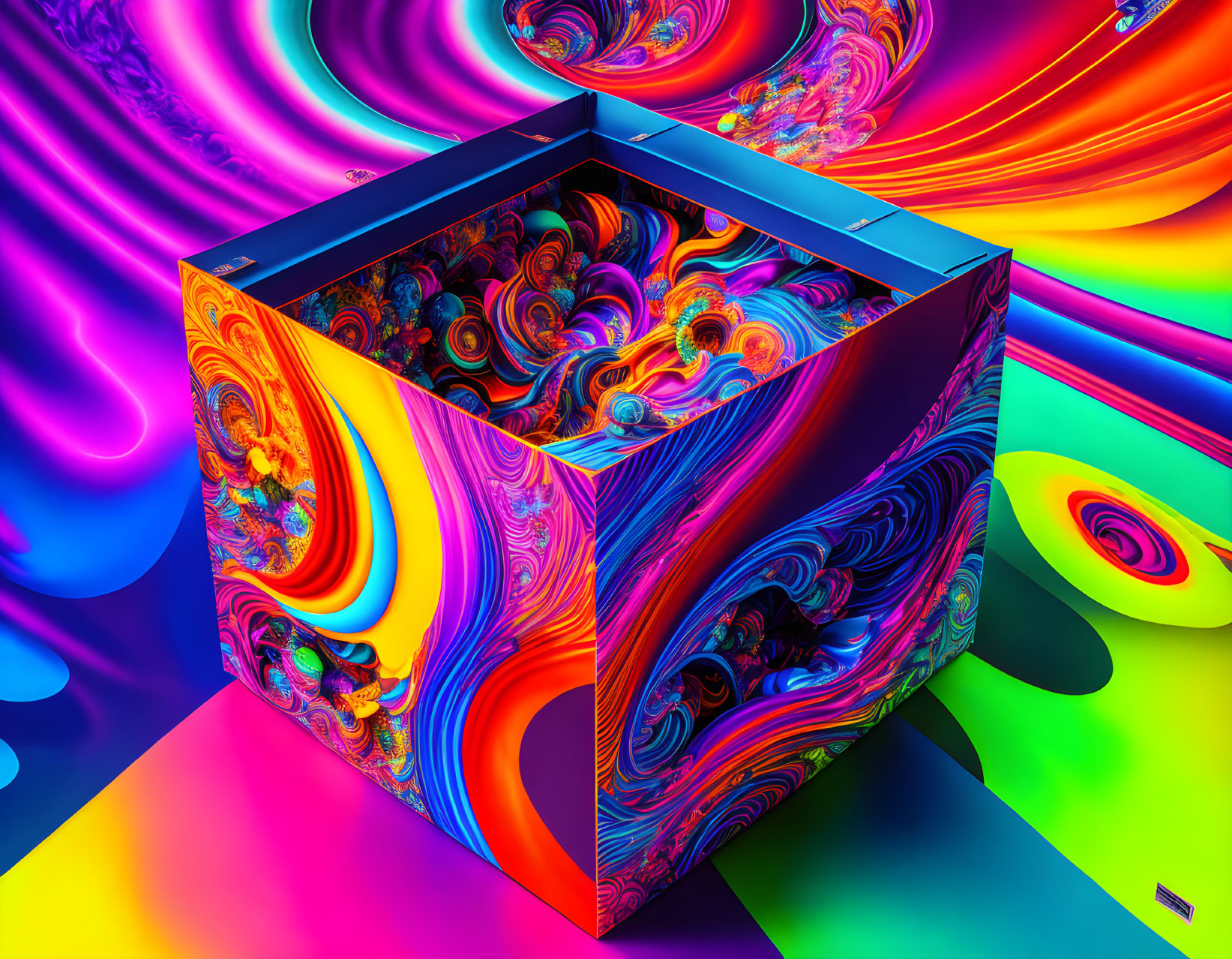 Colorful 3D Cube with Swirling Neon Patterns