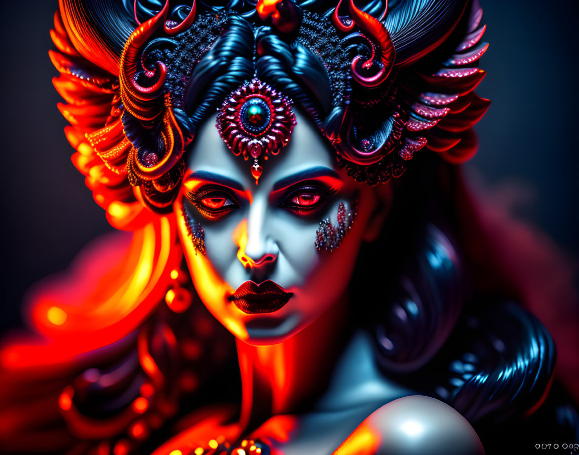 Fantasy character with intricate headwear and dramatic makeup