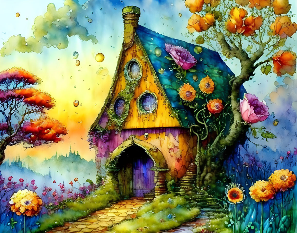 Whimsical cottage with thatched roof in colorful watercolor landscape