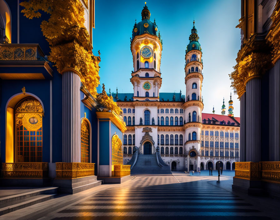 Ornate blue and gold building with towering spires and intricate architecture at sunset