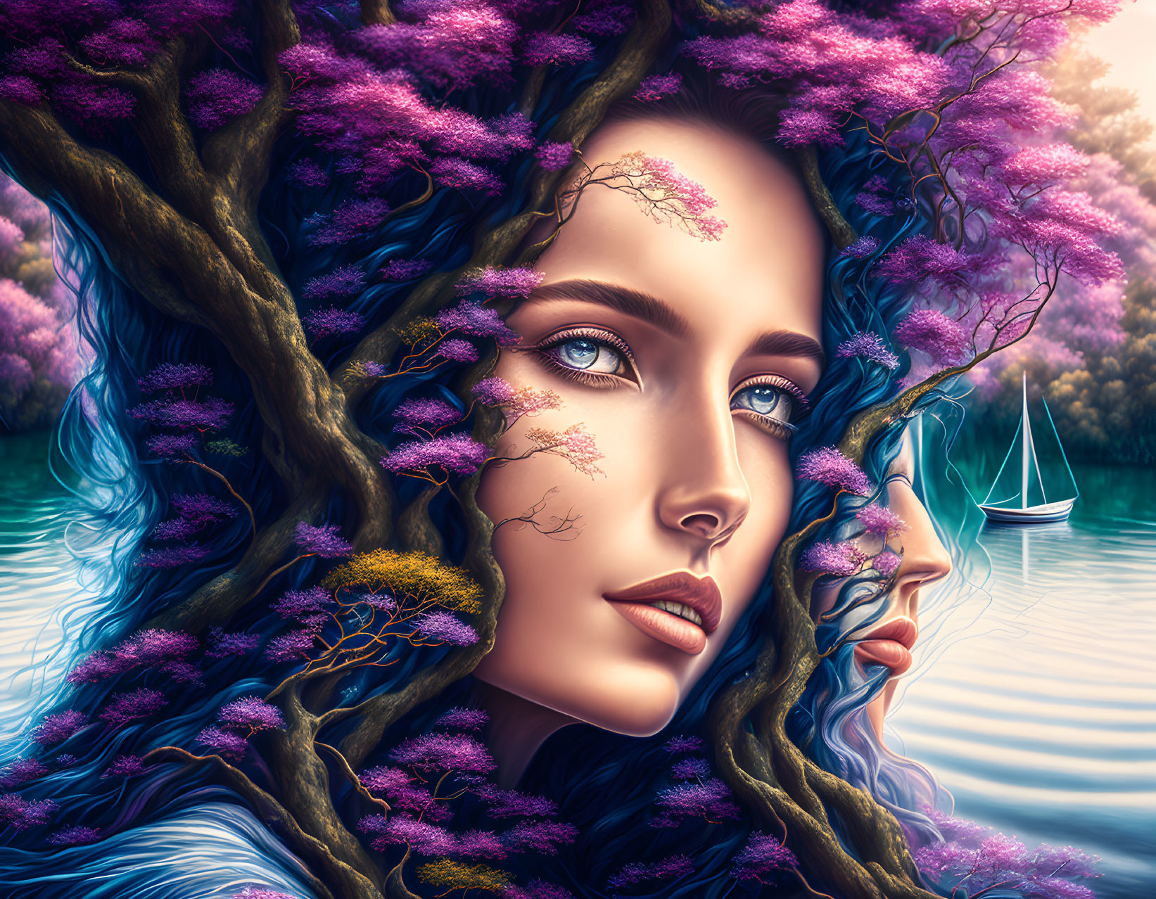 Digital artwork: Woman with tree branches as hair by serene lake with sailboat