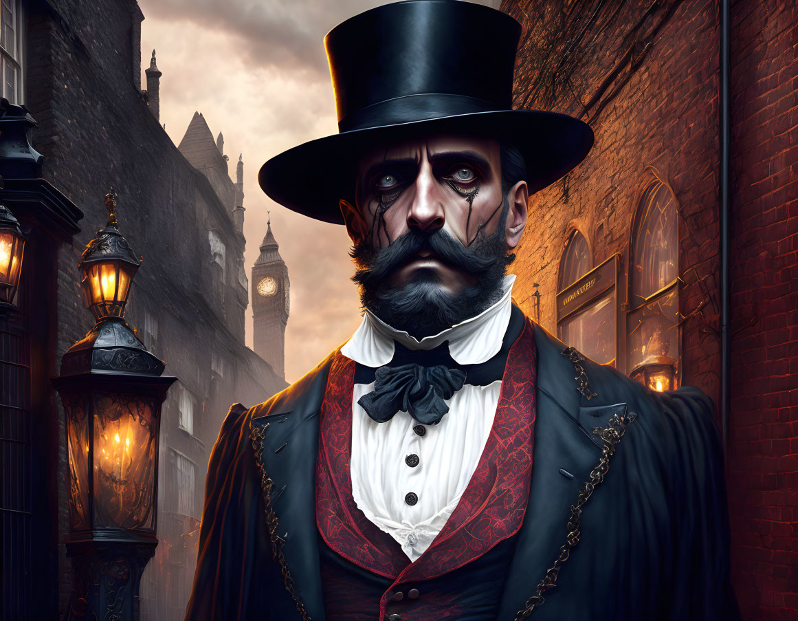 Victorian gentleman in bowler hat and mustache in London alleyway