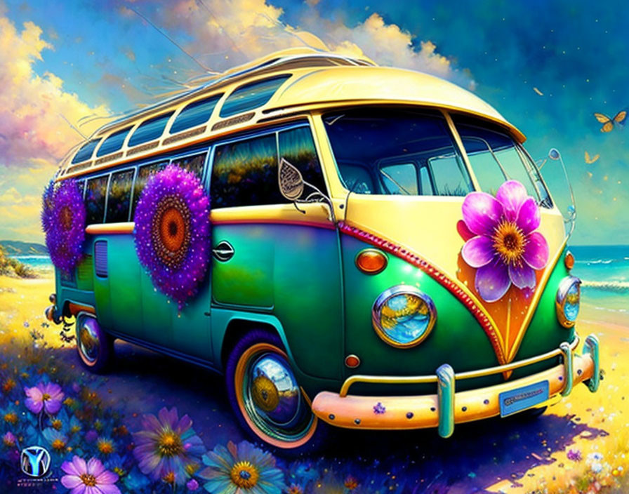 Colorful Vintage Van with Psychedelic Patterns and Flowers on Beachscape