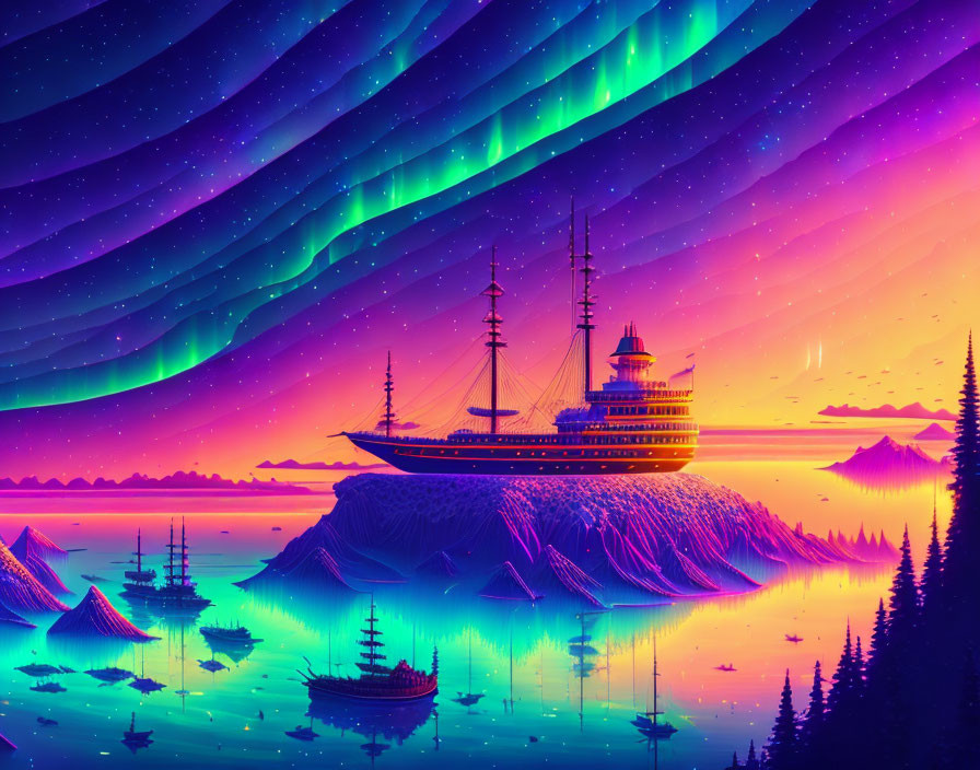 Vibrant digital art: Majestic ship on magenta ocean with sailboats, icy islands,