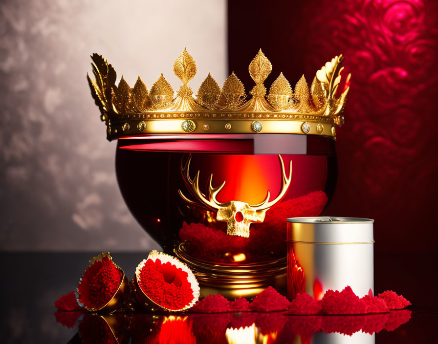 Gold Crown with Leaf Motifs on Reflective Surface with Stag Silhouette and Red Leaves