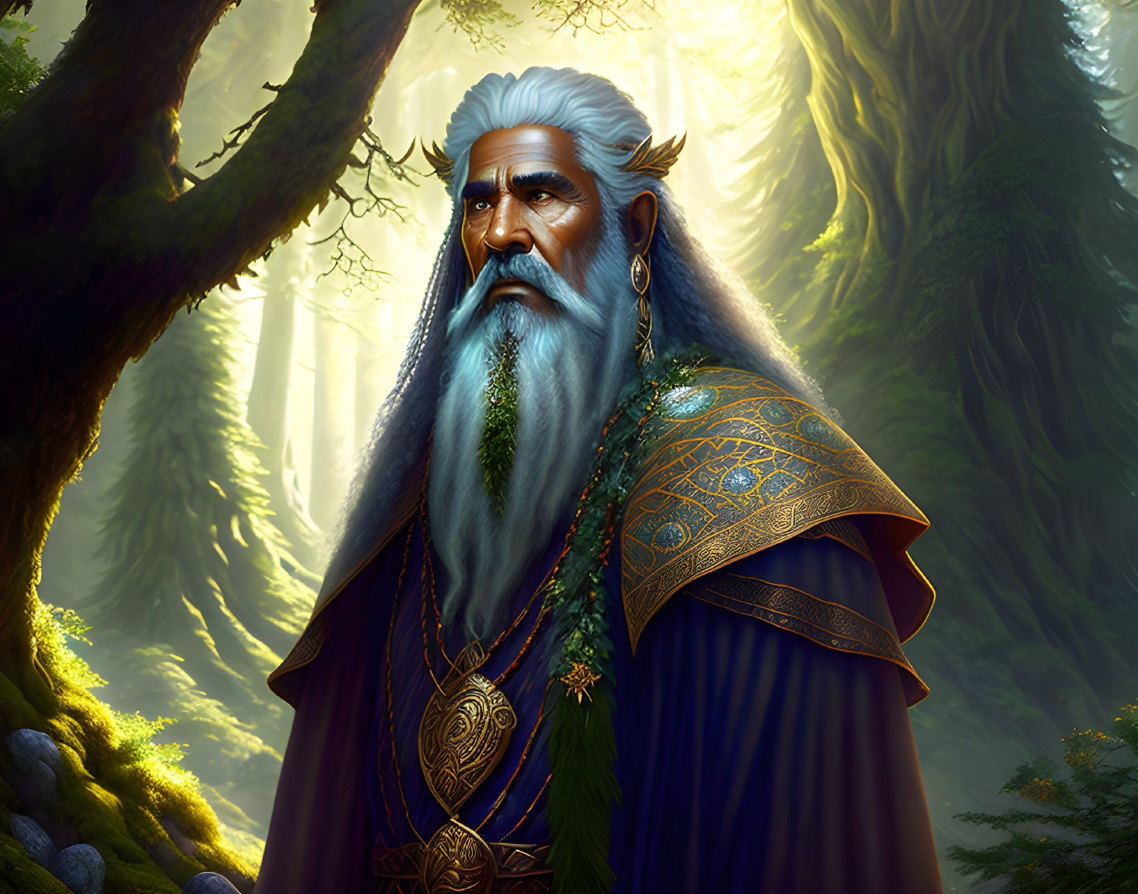 Elderly Bearded Fantasy Character in Sunlit Forest