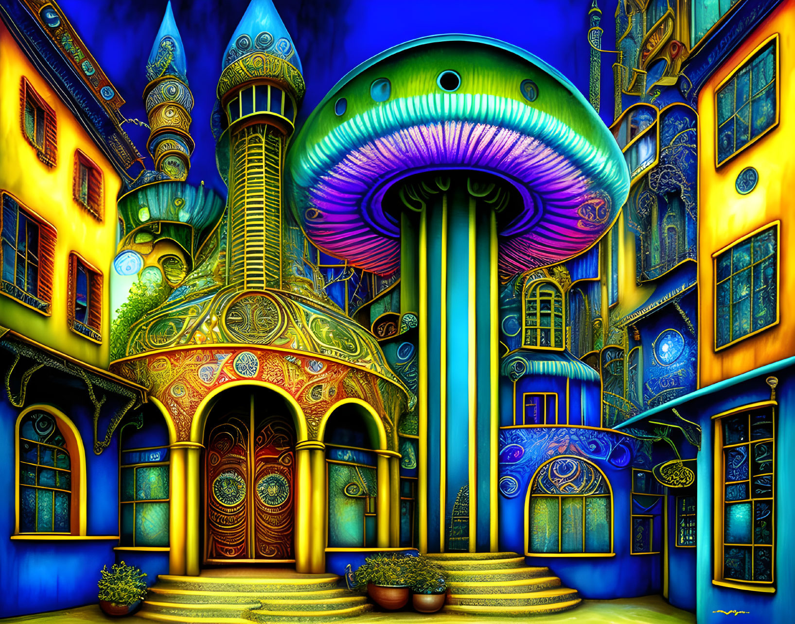 Colorful Psychedelic Illustration of Ornate Golden Building, Mushroom, and Blue Surroundings