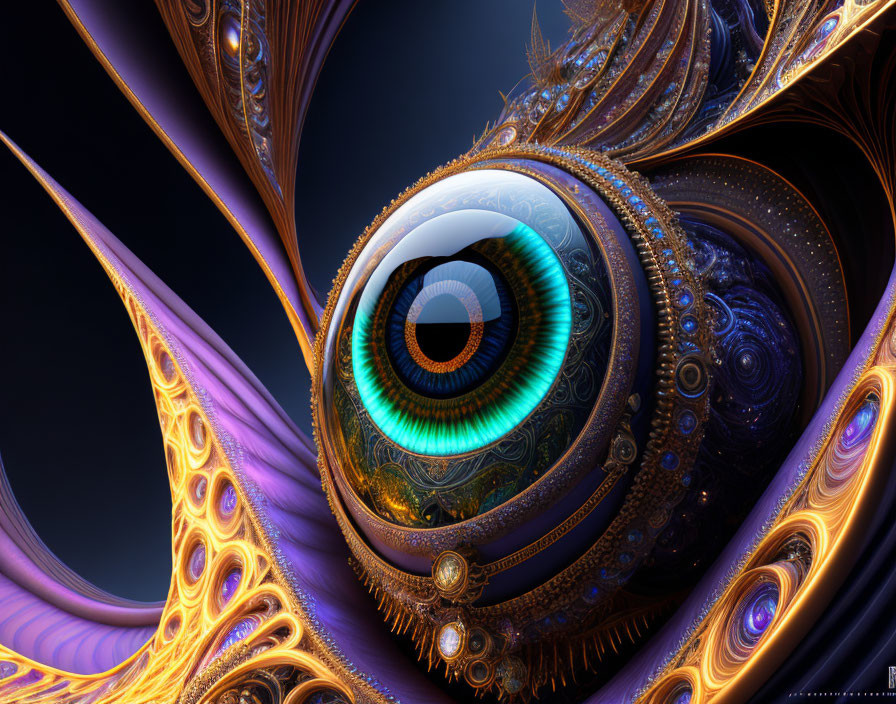 Detailed digital artwork of ornate eye with fractal patterns in blue and gold