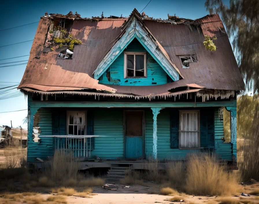 Weathered house with peeling blue paint and rusty roof in overgrown grass under clear sky